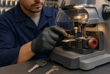 Chaveiro fazendo cópias de chaves em um ambiente de trabalho.