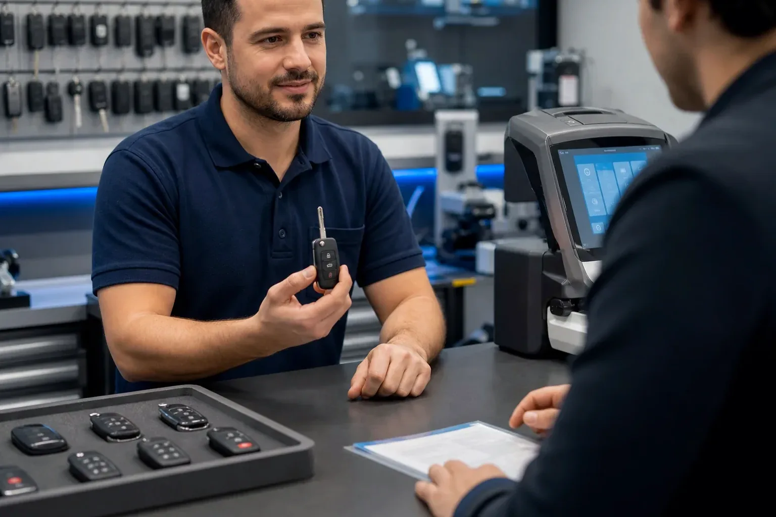 Chaveiro produzindo chaves codificadas em seu local de trabalho.