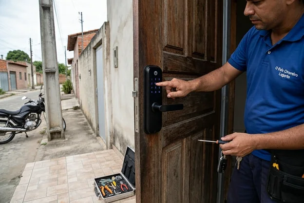Fechadura digital instalada em uma porta em Lagarto, SE.