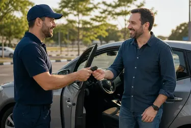 Profissional de chaveiro abrindo a porta de um carro com ferramentas apropriadas.