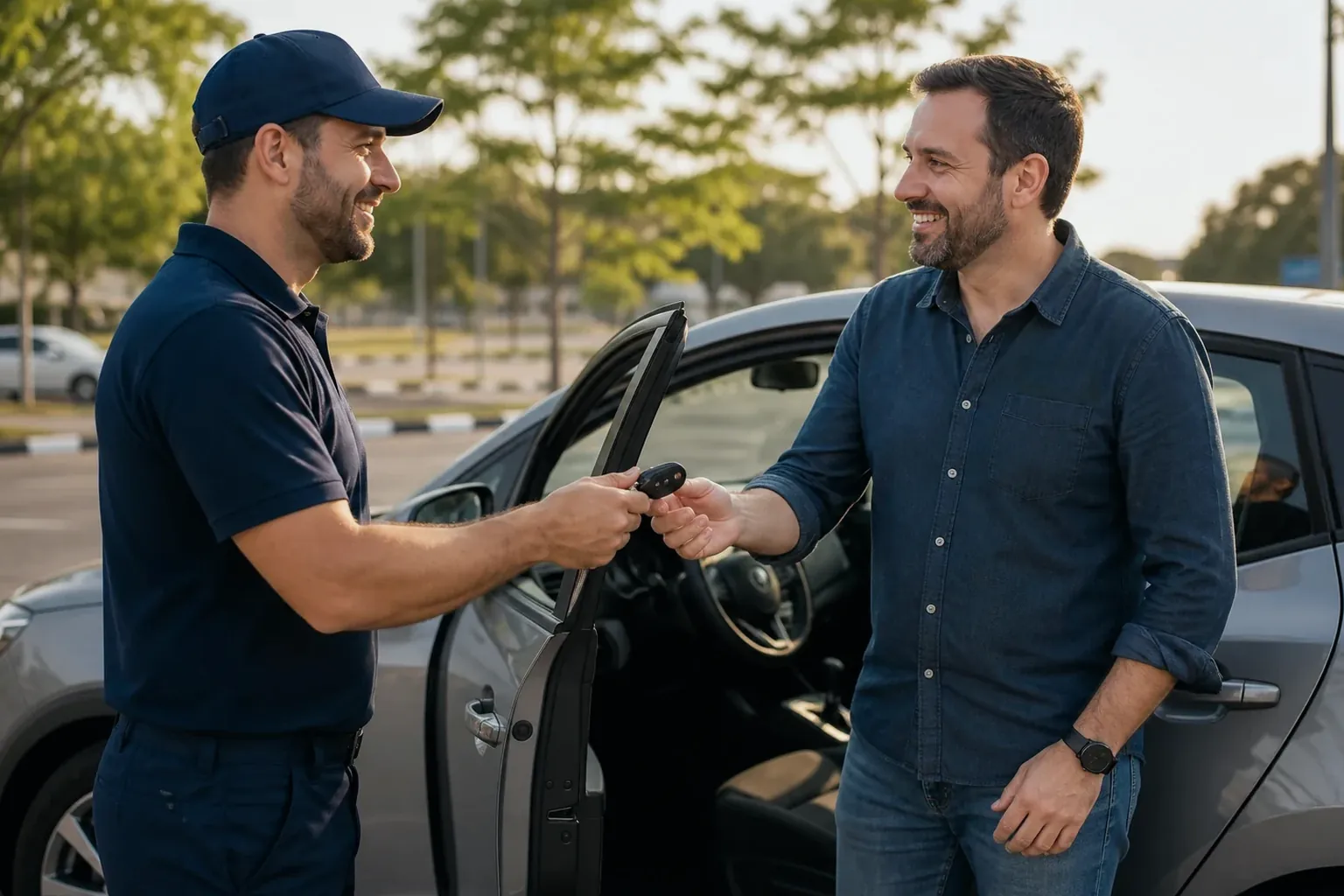 Profissional de chaveiro abrindo a porta de um carro com ferramentas apropriadas.