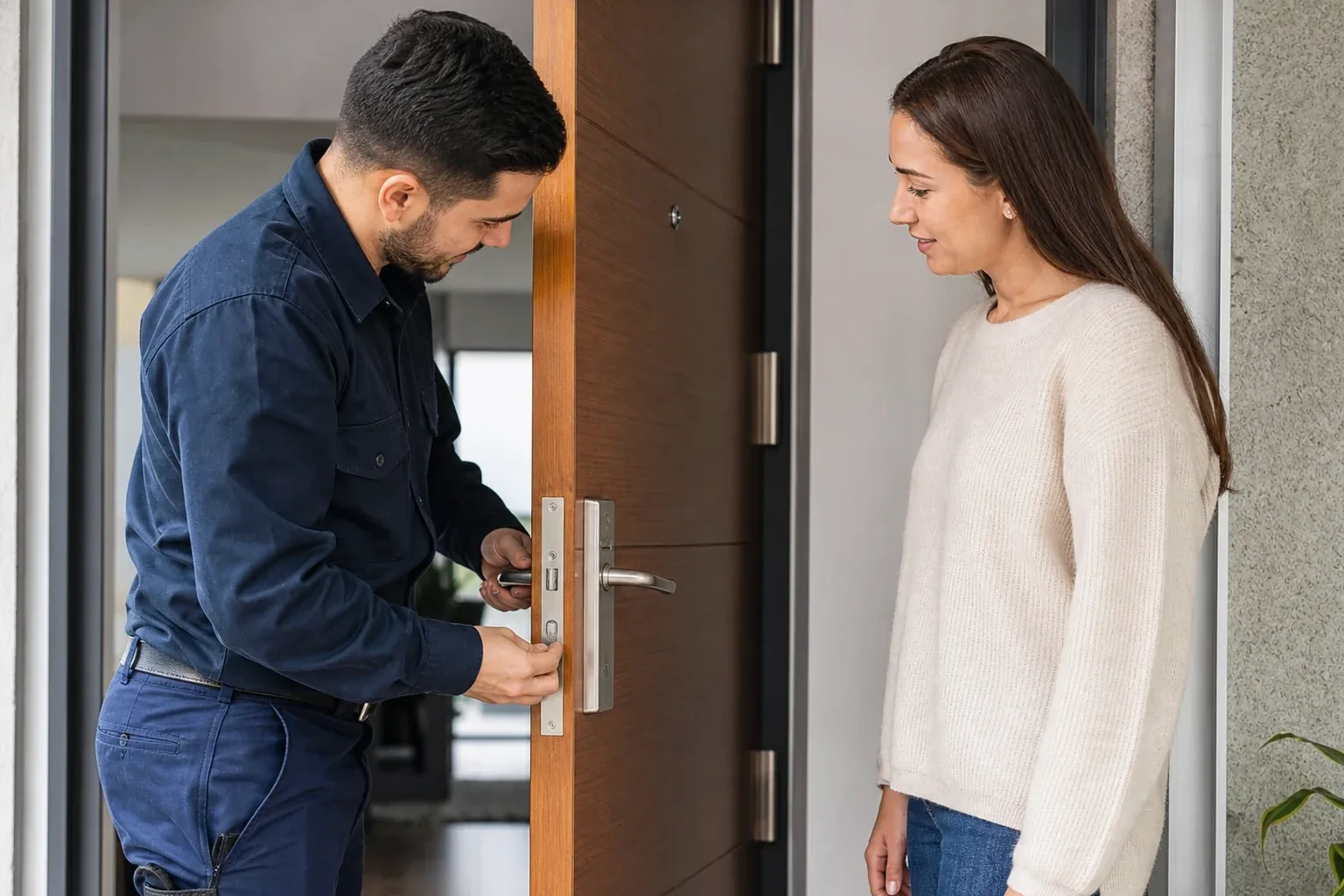 Profissional de chaveiro abrindo uma porta com ferramentas especializadas.