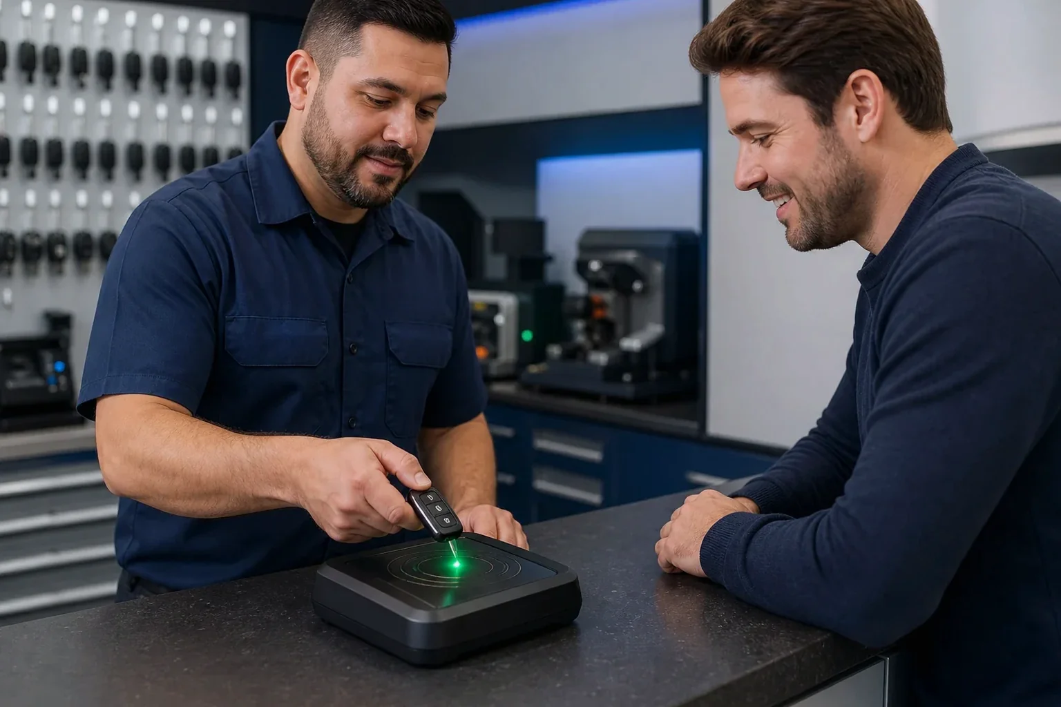 Profissional programando uma chave de controle em um ambiente de trabalho.